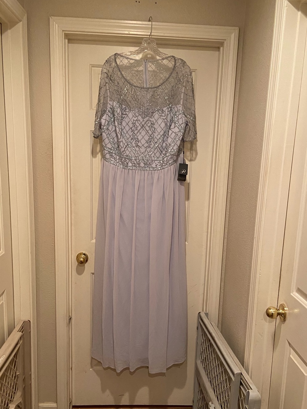 NWT Adrianna Papell Hand Beaded Mesh‎ Chiffon Gown Size 22W Color Serenity READ